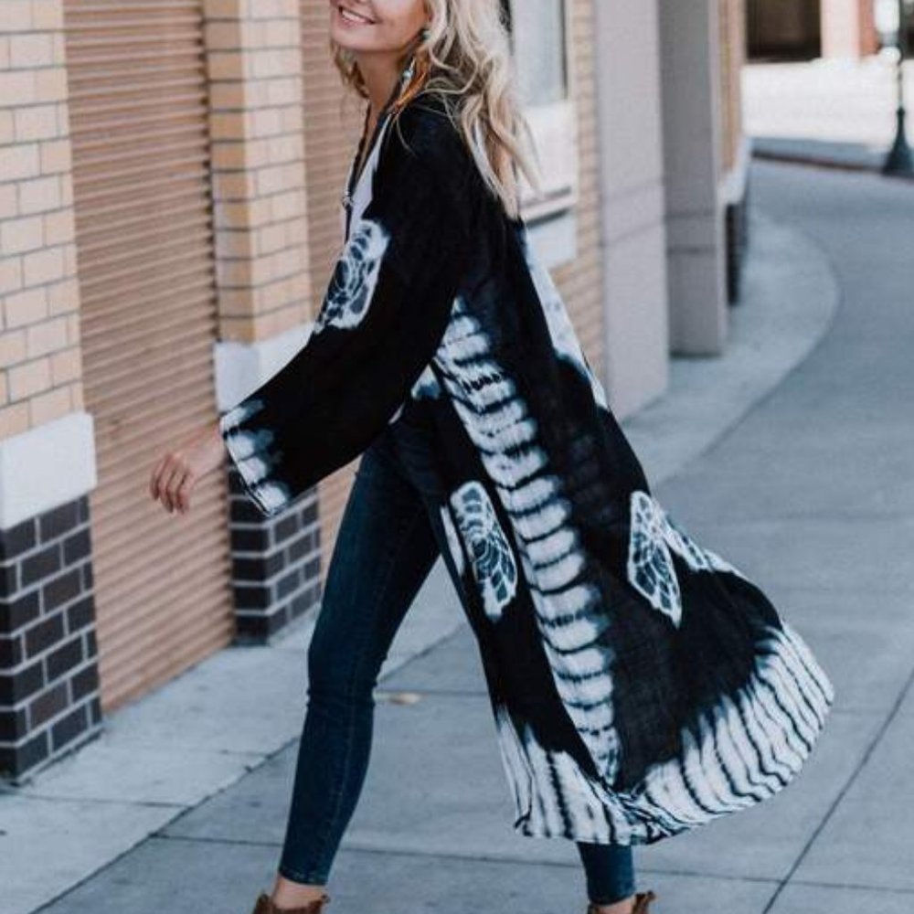 🚨 1 LEFT!  Tie-Dye Longline Kimono w/Full Sleeves Black